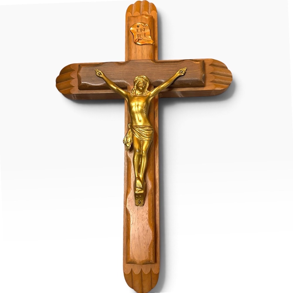 Vintage Wood and Brass Crucifix Wall Hanging 15 Inch Catholic Religious